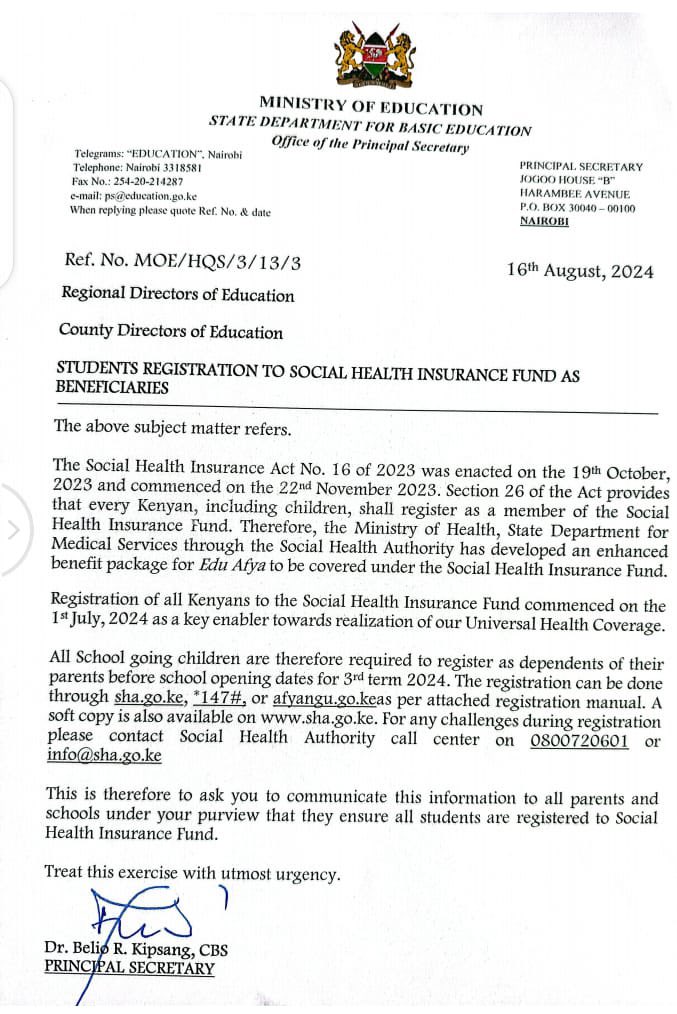 lindahoguttu's tweet photo. Good morning @EduMinKenya . Please confirm if this letter on student registration on SHIF is from your ministry. https://t.co/hUEp31QN1m