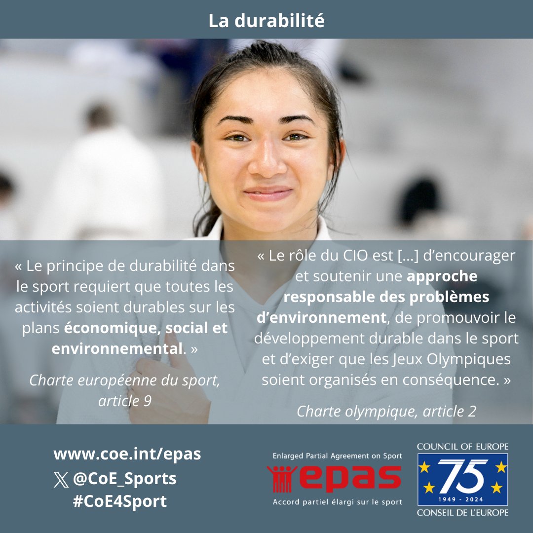 Les manifestations et activités sportives doivent être durables sur le plan économique, social et environnemental.

La #CharteEuropéenneduSport et la Charte olympique soulignent l'importance de la #durabilité dans le sport.

En savoir➕go.coe.int/4Fb0Y

#CoE4Sport