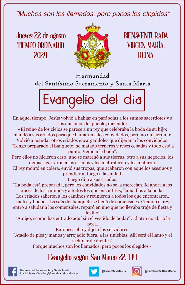 HdadSSantaMarta's tweet photo. #EvangelioDelDia | Jueves 22 de agosto. BIENAVENTURADA VIRGEN MARÍA, REINA. TIEMPO ORDINARIO. Evangelio según San Mateo @EvangelizarSev https://t.co/zka7xJ8id8