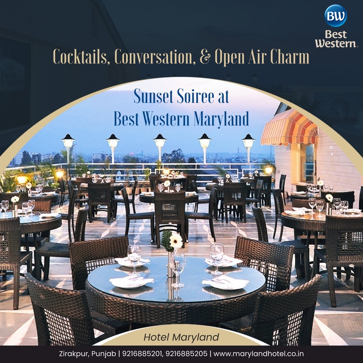 BWMaryland's tweet photo. Indulge in cocktails, captivating conversations, and open-air charm at the Best Western Maryland. Join us for a sunset soiree you won't forget. 🍹🌆

Reach us at:
📞 Call: 9216885200, 9216885205
📍 Address: Ambala Chandigarh Expy, Zirakpur, Punjab 140603
.
.
#bestwestern #rooms https://t.co/NR7wbVeZFk