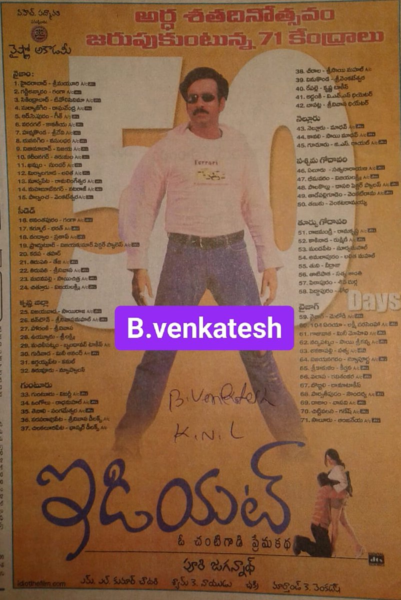 SarleNuvvelluuu's tweet photo. 22 years for @RaviTeja_offl and #Rakshitha and @prakashraaj
Starrer biggest blockbuster #Idiot
Director: @PuriConnects
Musical: #Chakriπ
#Hyderabad - #SriMayuri - 106 days (#Trinetram)
@baraju_SuperHit
@trends4raviteja @Mistervijaysbdb @finleh39
#Raviteja
#22YearsForIdiot https://t.co/3PAHoxUD2j