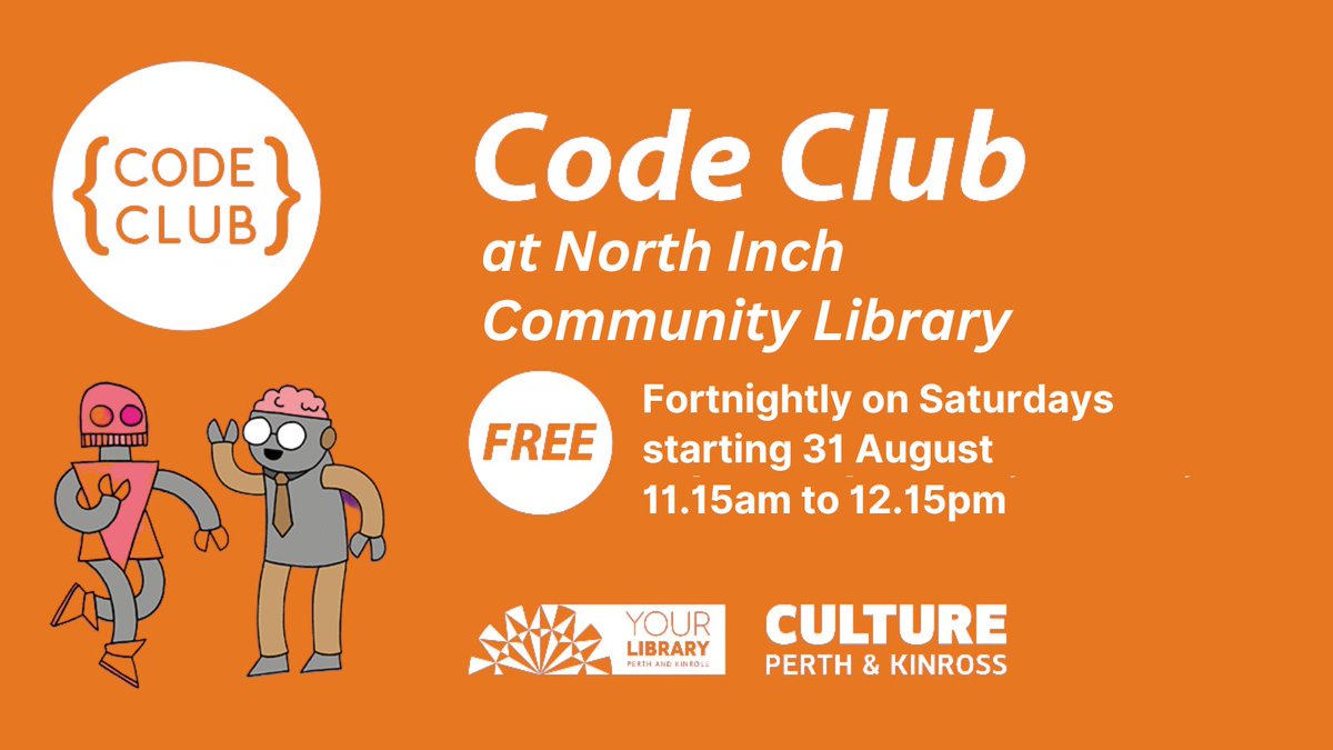 Culture Perth & Kinross Libraries (@cpklibraries) on Twitter photo ๐ธ The #NorthInchLibrary Code Club is looking for new members! The club is suitable for kids aged 9-13 and meets fortnightly on Saturdays at 11:15 am. To register, email northinchlibrary@culturepk.org.uk. Limited spots are available; the first session is on 31 August. ๐ธ The #NorthInchLibrary Code Club is looking for new members! The club is suitable for kids aged 9-13 and meets fortnightly on Saturdays at 11:15 am. To register, email northinchlibrary@culturepk.org.uk. Limited spots are available; the first session is on 31 August.