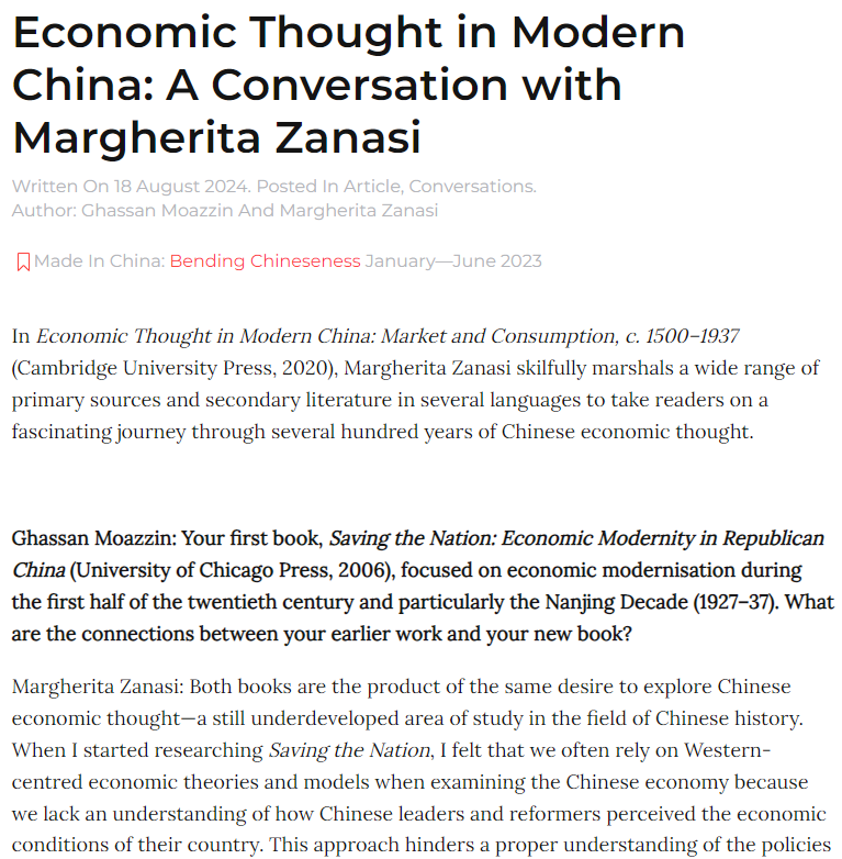 For <a href="/MIC_Journal/">Made in China Journal</a> I spoke to Margherita Zanasi about her book *Economic Thought in Modern China: Market and Consumption, c. 1500–1937*

madeinchinajournal.com/2024/08/18/eco…