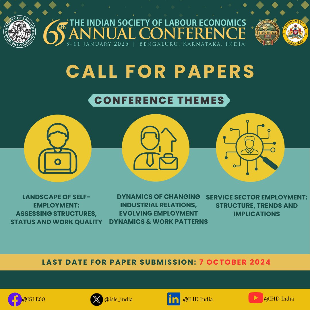 isle_india's tweet photo. We are thrilled to announce the 65th ISLE Annual Conference ! Join us from 9-11 January 2025, at @ISECBengaluru in collaboration with the Department of Labour, Government of Karnataka.
Submit your papers here: https://t.co/kWvhveQjkC
#65thISLEConference #ISLE #Labour #Economics https://t.co/lTJ7SGHE1l