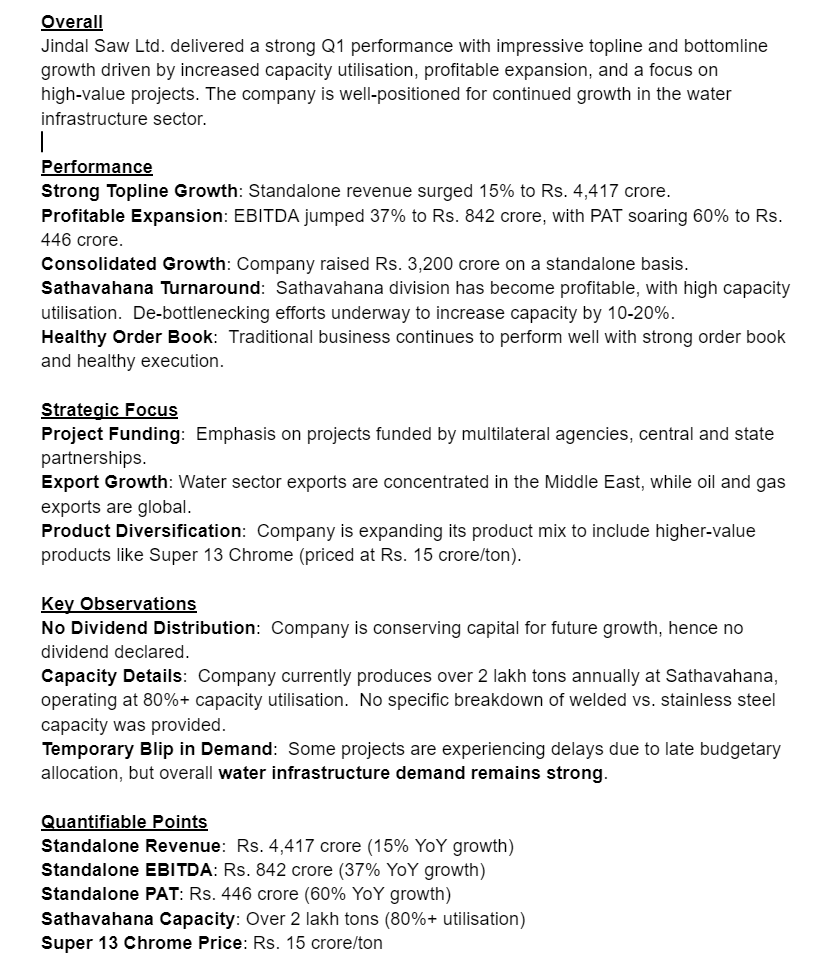 funwitty's tweet photo. #JindalSaw Ltd. Q1 FY25 Con call Summary #Multibagger #strong results and commentary. #LowPE (12) #undervalued P/S ~1 #Sathavahana Turnaround #strong growth in Water Infrastructure #Future sector https://t.co/UlLxjcCC2h