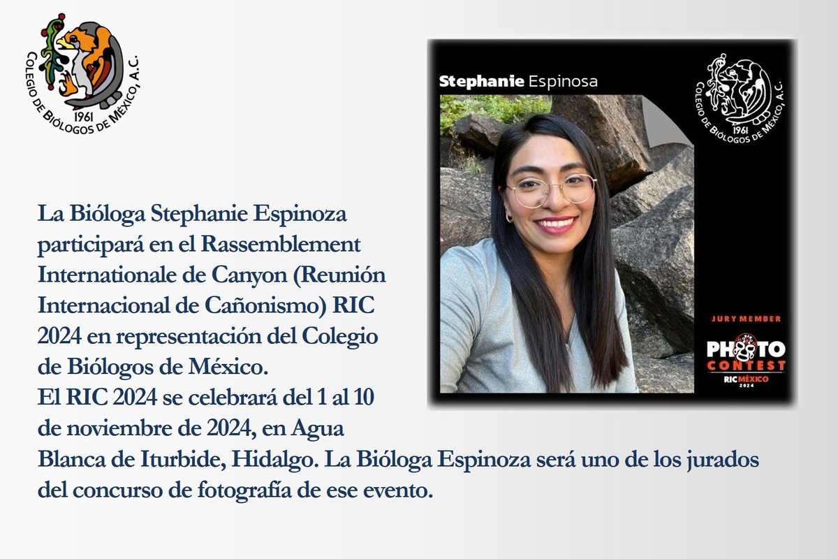 La Bióloga Stephanie Espinoza participará en representación del Colegio de Biólogos de México en el Rassemblement Internationale de Canyon (RIC) 2024.

Puedes tener más información del evento en:
ricmexico.org/about