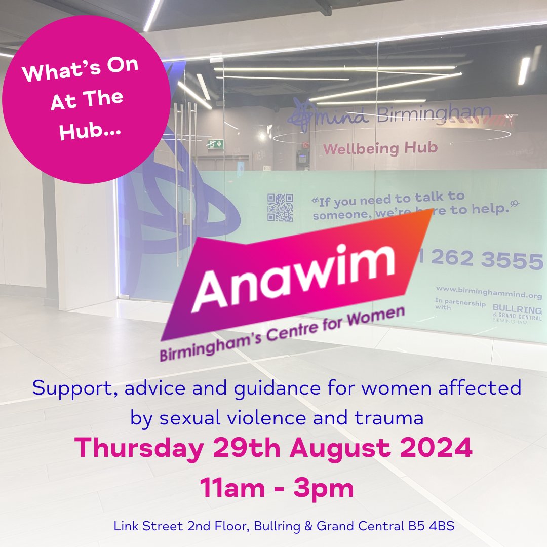 BirminghamMind's tweet photo. Next Thursday we welcome @Anawim_BCW to the Hub, offering advice, information and support to women, affected by sexual violence and trauma
No appt needed
Pop in between 11am - 3pm
#whatsonatthehub #wellbeing #mentalhealth #supportinthecommunity #supportforwomen #trauma https://t.co/jiOGpXCrgv
