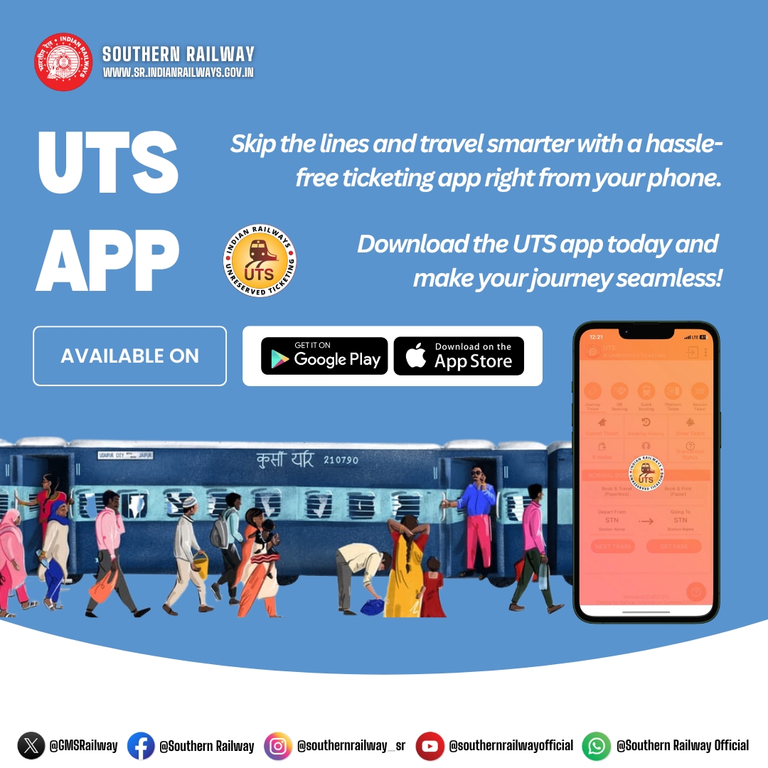 drmmadurai's tweet photo. Simplify Your Train Journey with the UTS App!
No more long queues or last-minute hassles! The Unreserved Ticketing System (UTS) app is your go-to for quick and easy unreserved ticket booking.
#SouthernRailway #Railways #digitalnow https://t.co/EiAr8Jjhj3
