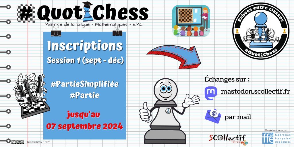 QuotiChess's tweet photo. ♟️Inscriptions rentrée 2024♟️
Les inscriptions pour la 1ere session d'échanges échiquéens entre classes sont ouvertes !
Le jeu d’#Échecs engage réflexion, analyse, anticipation et argumentation soit autant de #compétences à développer chez les élèves.
➡️ https://t.co/TwdzlUvW3J https://t.co/byoakllCdt
