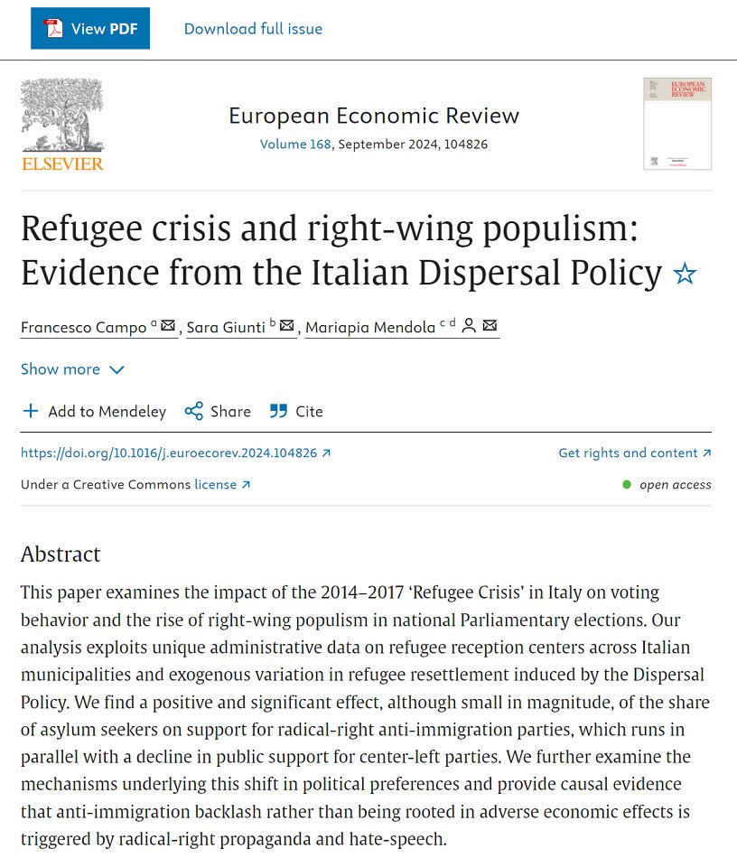 Mariapia Mendola (@mariapiamendola) on Twitter photo 🤩Our paper studying the political impact of the 2015 refugee crisis using unique administrative data on refugee centers in Italy is out in the European Economic Review!
Team: <a href="/campofrances/">Francesco Campo</a> (<a href="/dSEA_Unipd/">dSEA Unipd</a>), <a href="/SaGiunti/">Sara Giunti</a> (<a href="/DemmUnimi/">demm_unimi</a>), and me (<a href="/unimib/">Università degli Studi di Milano-Bicocca</a>).
🧵below 👇👇
#econtwitter 🤩Our paper studying the political impact of the 2015 refugee crisis using unique administrative data on refugee centers in Italy is out in the European Economic Review!
Team: <a href="/campofrances/">Francesco Campo</a> (<a href="/dSEA_Unipd/">dSEA Unipd</a>), <a href="/SaGiunti/">Sara Giunti</a> (<a href="/DemmUnimi/">demm_unimi</a>), and me (<a href="/unimib/">Università degli Studi di Milano-Bicocca</a>).
🧵below 👇👇
#econtwitter