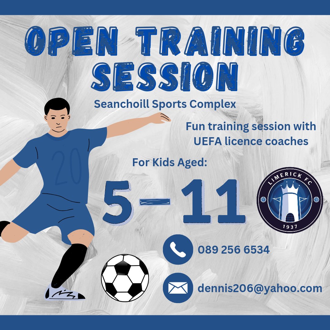 Limerick FC (@limerickfcie) on Twitter photo ๐๐ฅ๐๐ฃ ๐๐ง๐๐๐ฃ๐๐ฃ๐ ๐๐๐จ๐จ๐๐ค๐ฃ!
Limerick FC will be running open training sessions for girls and boys ages U7-U11 this autumn ๐
Sessions will focus on the FUNdamentals: agility, balance, coordination, and ball familiarity / mastery โฝ๏ธ
For more information ๐๐ป ๐๐ฅ๐๐ฃ ๐๐ง๐๐๐ฃ๐๐ฃ๐ ๐๐๐จ๐จ๐๐ค๐ฃ!
Limerick FC will be running open training sessions for girls and boys ages U7-U11 this autumn ๐
Sessions will focus on the FUNdamentals: agility, balance, coordination, and ball familiarity / mastery โฝ๏ธ
For more information ๐๐ป