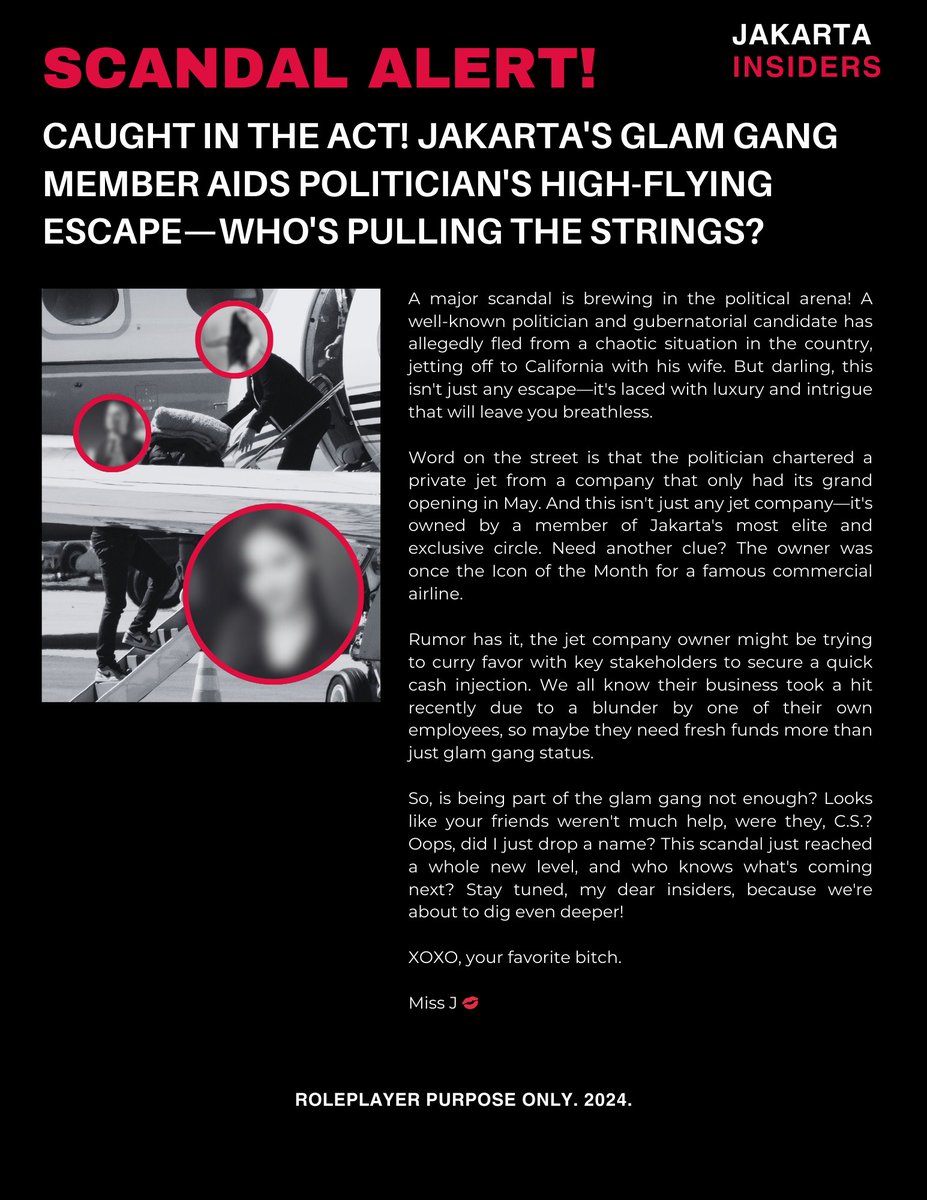 ㅤ ㅤ  
𝗦𝗖𝗔𝗡𝗗𝗔𝗟 𝗔𝗟𝗘𝗥𝗧: CAUGHT IN THE ACT! 𝗝𝗔𝗞𝗔𝗥𝗧𝗔'S GLAM GANG MEMBER AIDS POLITICIAN'S HIGH-FLYING ESCAPE—WHO'S PULLING THE STRINGS?
 ㅤ ㅤ