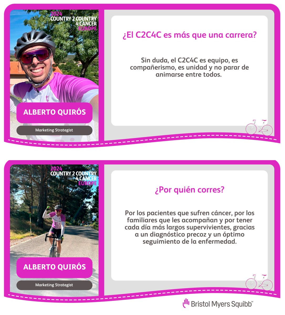 BMSIberia's tweet photo. 🙌🏻 ¡Los entrenamientos para darlo todo por el #C2C4C en septiembre continúan! Nuestro compañero Alberto Quirós, Marketing Strategist en #BMSIberia, lo sabe bien

🚴‍♂️ Alberto es parte de #Ride4Life, el equipo con el que #BMSIberia visibiliza a los #pacientes con #cáncer en esta edición. Se unió inspirado por el ejemplo de compañeros anteriores, la idea de retomar el deporte y, por supuesto, colaborar con @ContraCancerEs

💪 La experiencia le ha permitido enfrentar retos que antes veía imposibles, como subir puertos de montaña: "A base de entrenamiento, se acaba consiguiendo", explica

👏 ¡Gracias, Alberto! Y mucha fuerza para alcanzar la meta

🤝 Súmate a nuestros #Riders y contribuye a la causa con tu donación👉 https://t.co/lMqB7WVYz2

#C2C4C24