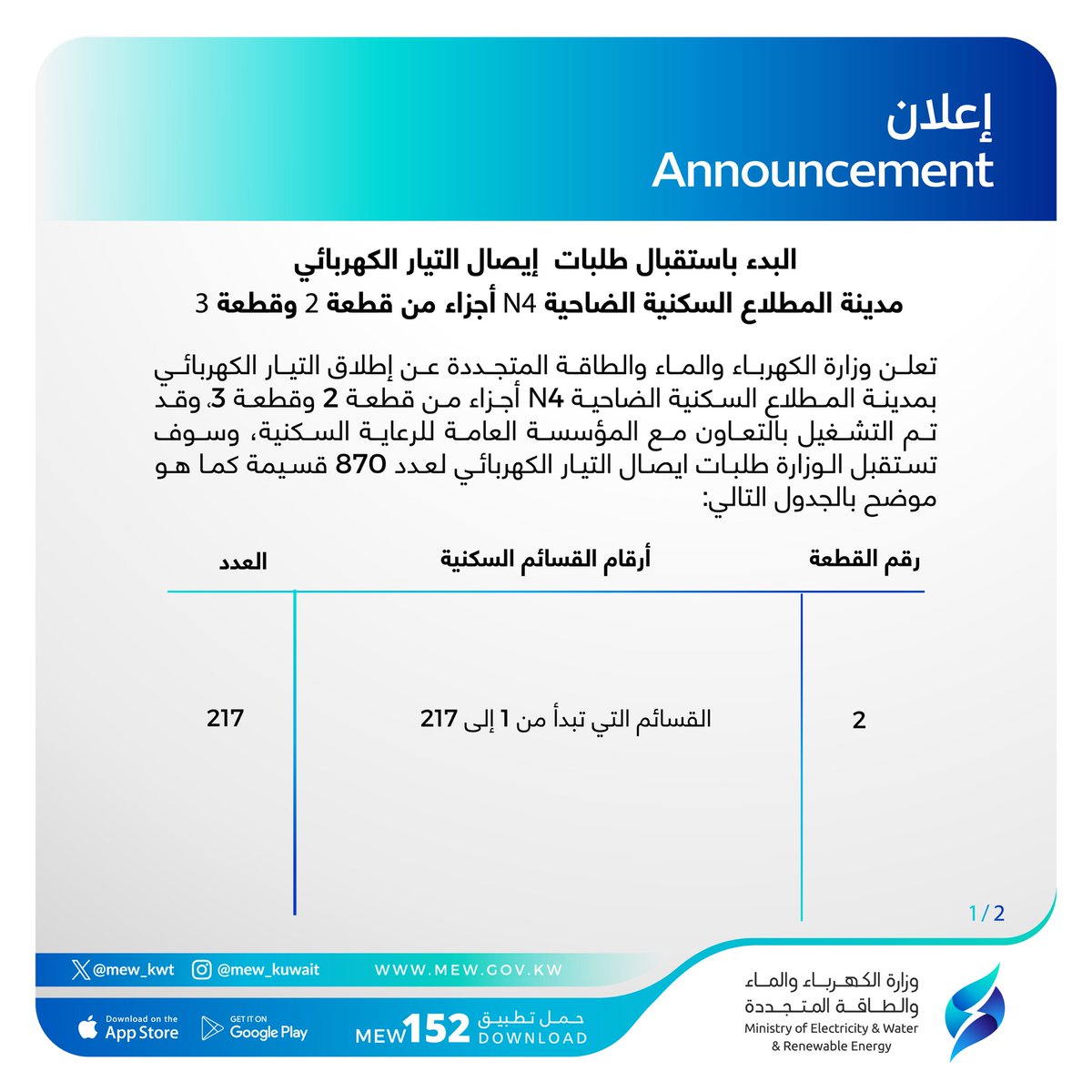 mew_kwt's tweet photo. تعلن الوزارة عن البدء باستقبال طلبات إيصال التيار الكهربائي بمدينة المطلاع السكنية ضاحية N4 أجزاء من قطعة 2 وقطعة 3 حيث تم التشغيل بالتعاون مع المؤسسة العامة للرعاية السكنية

#وزارة_الكهرباء_والماء https://t.co/BIvoJj5ox7