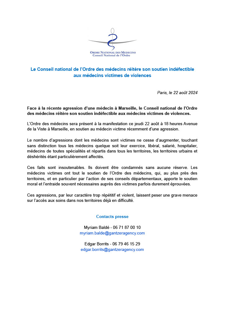 Le Conseil National de l'Ordre des Médecins exprime son soutien indéfectible aux médecins victimes de violences. Nous serons présents à la manifestation ce jeudi 22 août à Marseille en solidarité au médecin agressée. Ces agressions répétées mettent en péril l'accès aux soins. 
👇