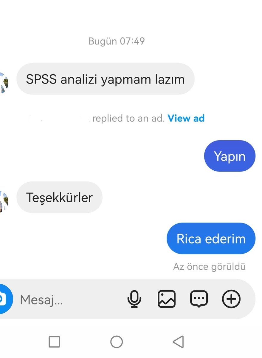 naci_murat's tweet photo. Arkadaş SPSS analizi yapmak istiyormuş. Sadece motivasyona ihtiyacı vardı demek ki :)
Sabah instagram hesabımdan yaptığım küçük bir yazışma. https://t.co/OuSSs3FWjW