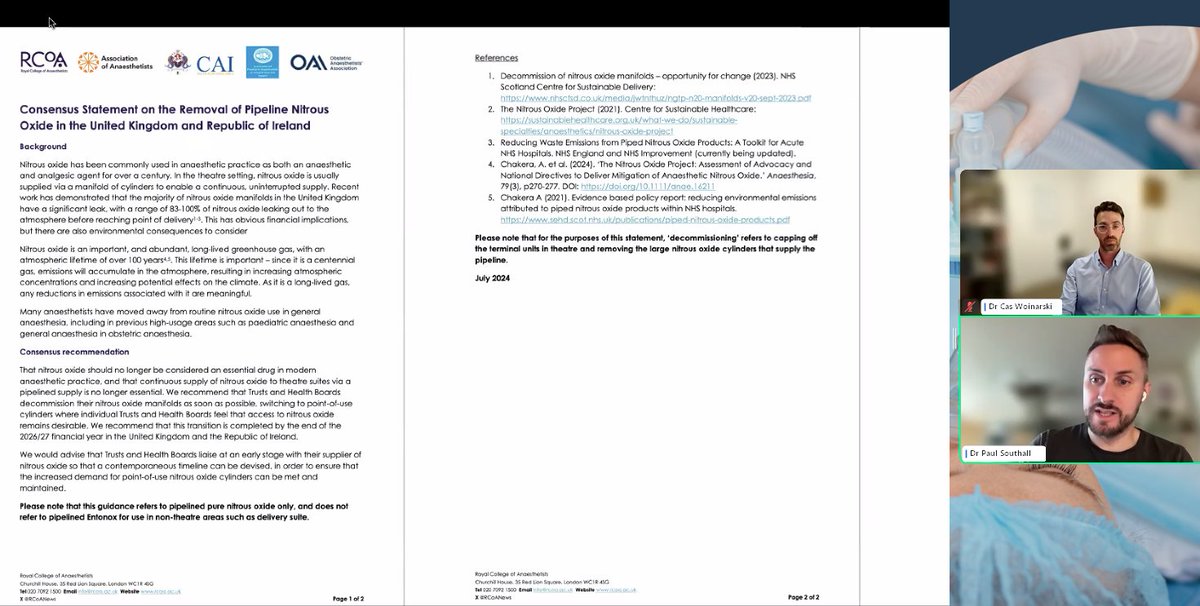 The <a href="/ANZCA/">ANZCA</a> ESN Nitrous Oxide webinar is underway! Thanks to everyone who has made this happen.

We begin with <a href="/RCoANews/">Royal College of Anaesthetists</a> Environmental Sustainability Lead <a href="/pjsouthall/">Paul Southall</a> on the development of the RCoA and @COAIrl Consensus Statement on removal of pipeline N2O in the UK &amp; Ireland