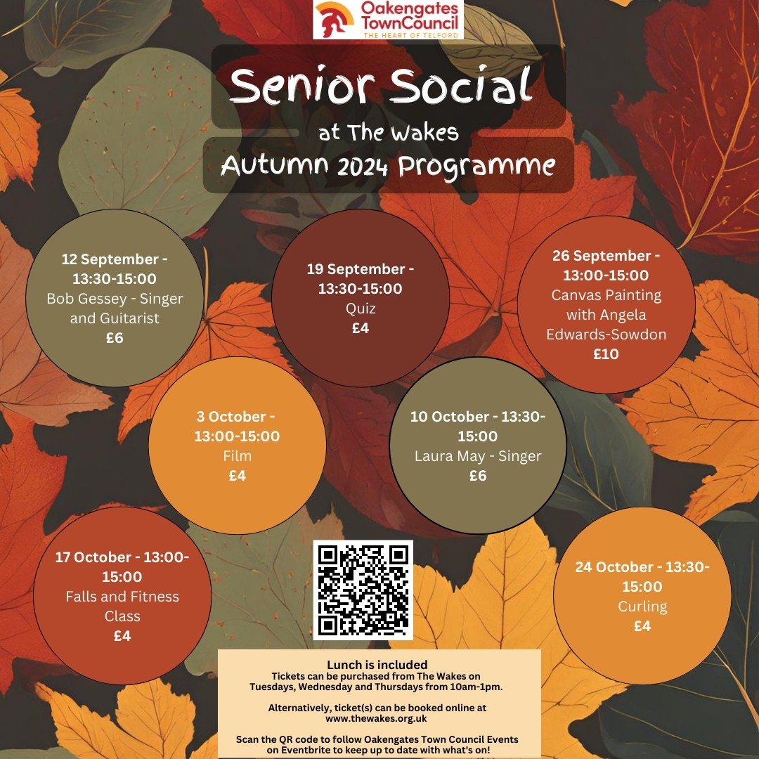 🍁It's only 3 weeks until our Autumn Senior Social Programme kicks off at The Wakes! 🎉

We can't wait to welcome everyone back for a season full of fun and entertainment. Mark your calendars and get ready for an amazing lineup of activities! 🍂