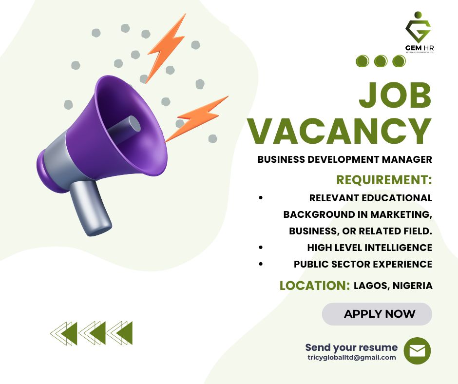 gem_hr's tweet image. Currently seeking an exceptional Business Development Manager to join our client's team in Lagos, Nigeria. Apply now at tricygloballtd@gmail.com. Start your job search and explore job opportunities near you today! #JobAlert2024 #developmentmanager #developmentmanagers