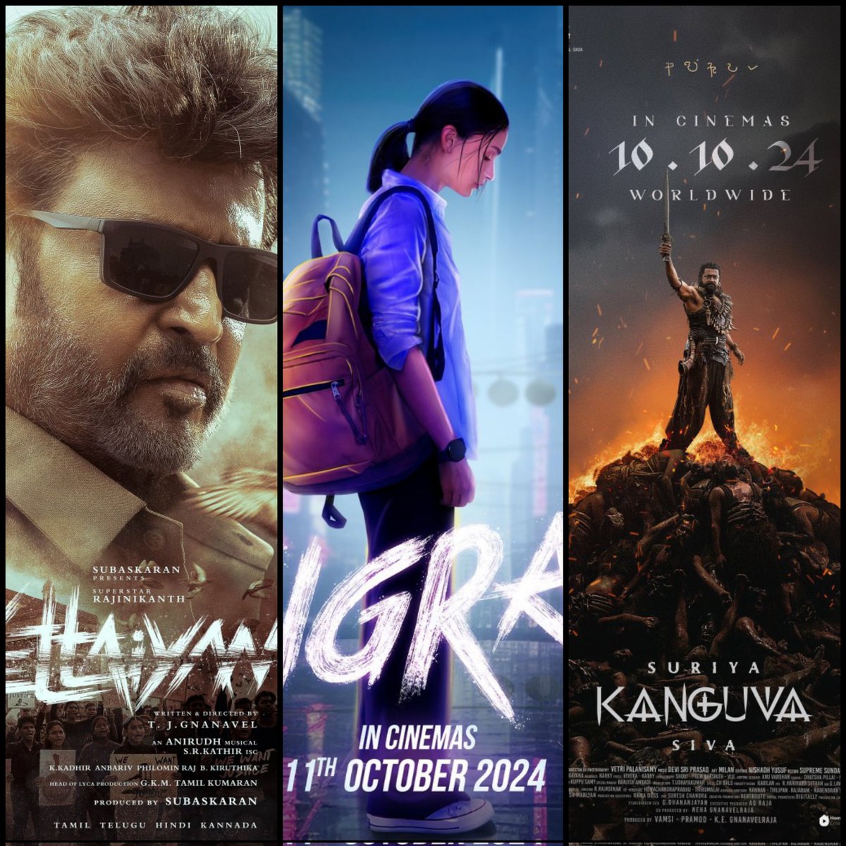 Its_CineHub's tweet photo. Your FIRST CHOICE this DUSSEHRA in this MEGA CLASH? 

#Vettaiyan,  #Jigra OR #Kanguva ? https://t.co/JPwBwFmoON