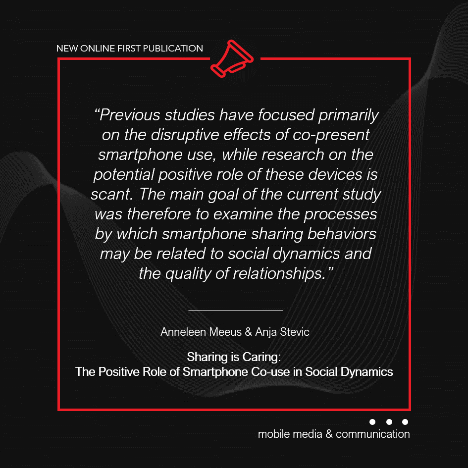 Mobile Media & Comm (@mobilemediacomm) on Twitter photo 📱🤝💬 While prior research focused on the disruptive effects, this new study by @AnneleenMeeus & <a href="/StevicAnja/">Anja Stevic</a> examines how smartphones co-use during in-person interactions boosts emotional support and companionship, especially among men.
Read it here 👉 doi.org/10.1177/205015… 📱🤝💬 While prior research focused on the disruptive effects, this new study by @AnneleenMeeus & <a href="/StevicAnja/">Anja Stevic</a> examines how smartphones co-use during in-person interactions boosts emotional support and companionship, especially among men.
Read it here 👉 doi.org/10.1177/205015…