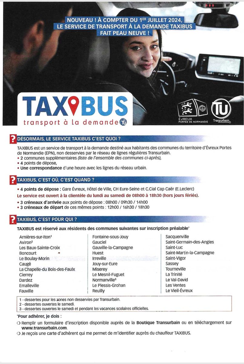LevavasseurK's tweet photo. ℹ️ #TAXIBUS
Du lundi au samedi de 8h à 18h30 ( hors jours fériés) pour 33 communes dans l'#Eure qui ne sont pas desservies par le réseau de lignes #Transurbain.
Formulaire d'inscription sur : https://t.co/rLzds9ubvU
Pour plus de renseignements : 02 32 31 00 21. https://t.co/hkclGWaLyJ