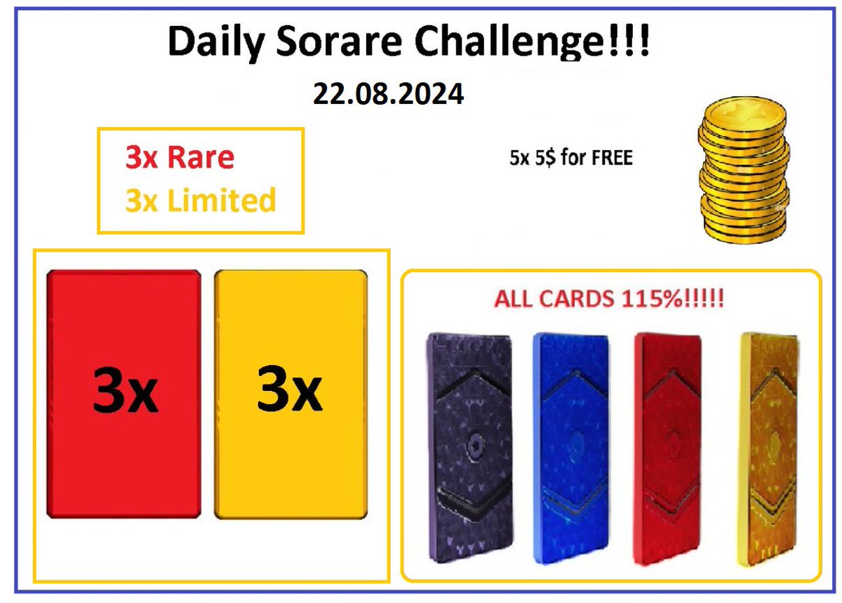 Its time for Daily <a href="/Sorare/">Sorare</a> Challenge 22.08.2024 📢

1⃣ Swap ALL my CARDS for 115% of Your cards value 😎
2⃣ 3 Rare and 3 Limited random cards for 6 people who make at least one transaction with me within 24 hours. 🔥 
3⃣🆓5$ for 5 random people - just write Your Sorare name,
