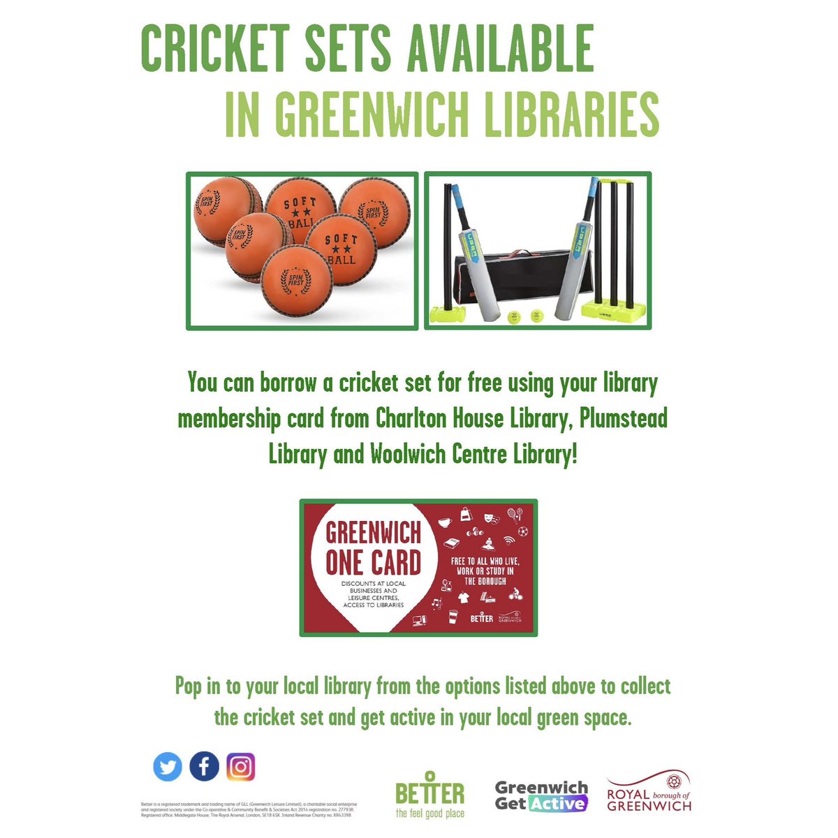 GreenwichLibs's tweet image. We’re excited to announce that you can borrow a cricket set (for free) from #CharltonLibrary, #PlumsteadLibrary + #WoolwichLibrary! Get active in your local green space with friends and the cricket set using your library membership card! #GreenwichOneCard 🏏