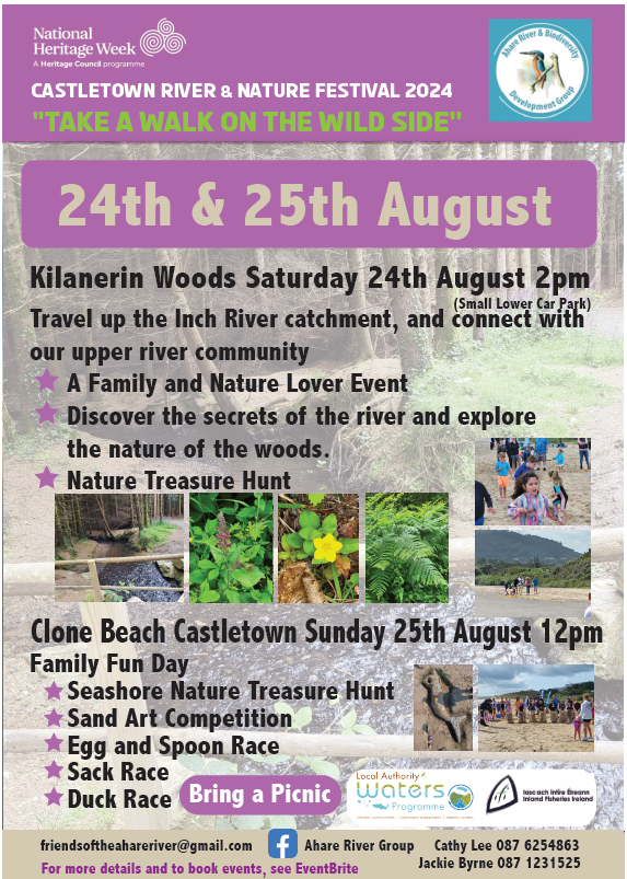 Saturday  24th Aug.  Kilanerin Woods, 2pm!

Travel the Inch River catchment &amp; connect with our catchment community

- Family &amp; Nature Lover Event
- Discover the secrets of the river 
- Explore the nature of the woods
- Kids Nature Treasure Hunt

<a href="/InlandFisherIE/">Inland Fisheries Ireland</a> <a href="/WatersProgramme/">Local Authority Waters Programme</a>