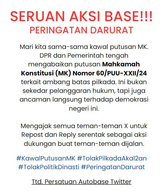 ssefmun's tweet image. LAWAN! JANGAN LENGAH!  

#KawalPutusanMK  
#TolakPilkadaAkal2an 
#TolakPolitikDinasti 
#PeringatanDarurat 
#IndonesiaEmergencyDemocracy