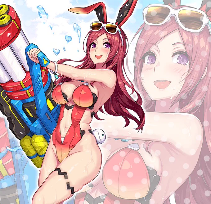 esスクラッチ「涼陽のセラフィ[サマーバケーション]」を担当しました。ジェネと対になるような赤いバニー水着です!セラフィが髪下ろしてる姿は初かな?  #PSO2es  