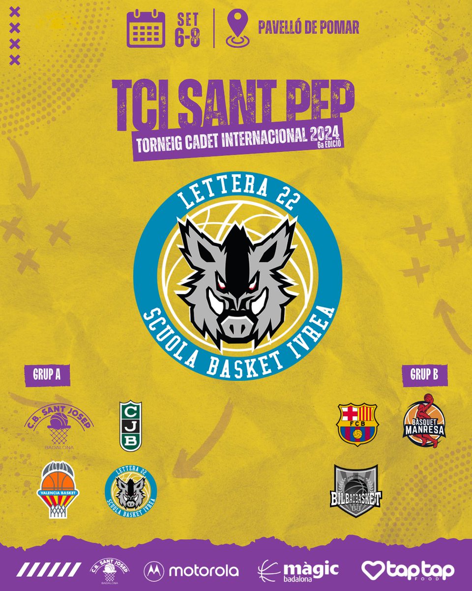 🚨 EQUIPS PARTICIPANTS TCI SANT PEP 2024 🚨

El Lettera 22, equip italià, manté des de fa anys un agermanament amb el CB Sant Josep, que sempre ha participat en el seu torneig de Nadal.
1/2