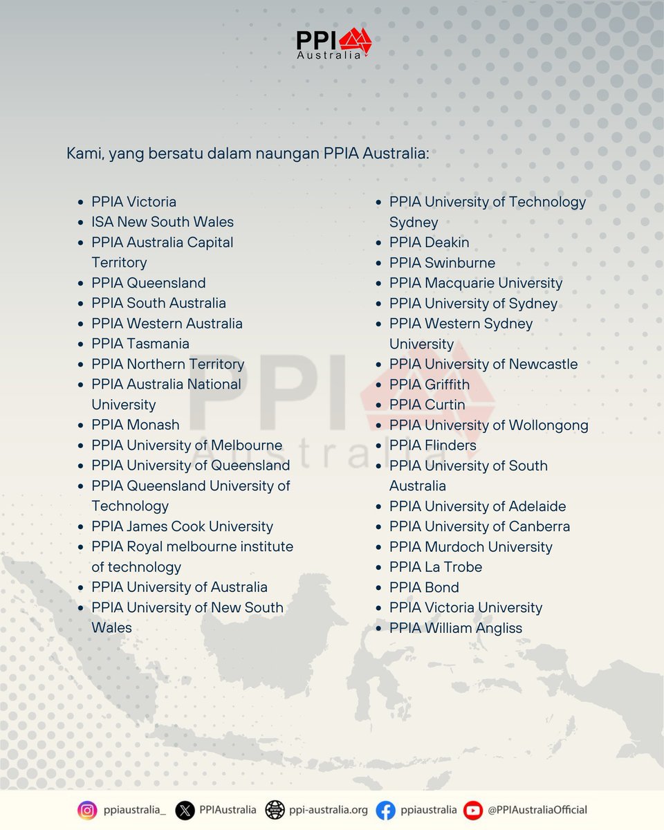 PPIA bersama cabang dan ranting di Australia menyerukan kepada seluruh masyarakat Indonesia serta masyarakat sipil untuk terus mengawal demokrasi dan mendesak penarikan kembali UU yang melanggar konstitusi. Bersama, kita jaga marwah republik ini.

#PPIA #PPIADamaidanBersatu