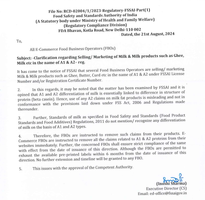 ANI's tweet photo. FSSAI (Food Safety and Standards Authority of India) issues clarification regarding selling/marketing of milk and milk products such as ghee, milk etc in the name of A1 and A2 under FSSAI License Number and/or Registration Certificate Number. https://t.co/QHBf33aK0K