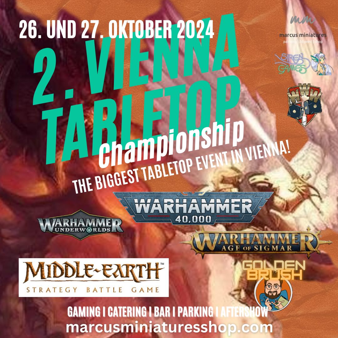 Something big is comming to Vienna. Save the date and get ready for an awesome weekend full of Warhammer 🥳

More info will come as soon as we have it 😃

T3 Link: tabletopturniere.de/at/t3_tourname…

Event HP link: marcusminiaturesshop.com/vienna-tableto…

#WarhammerCommunity #Warhammer