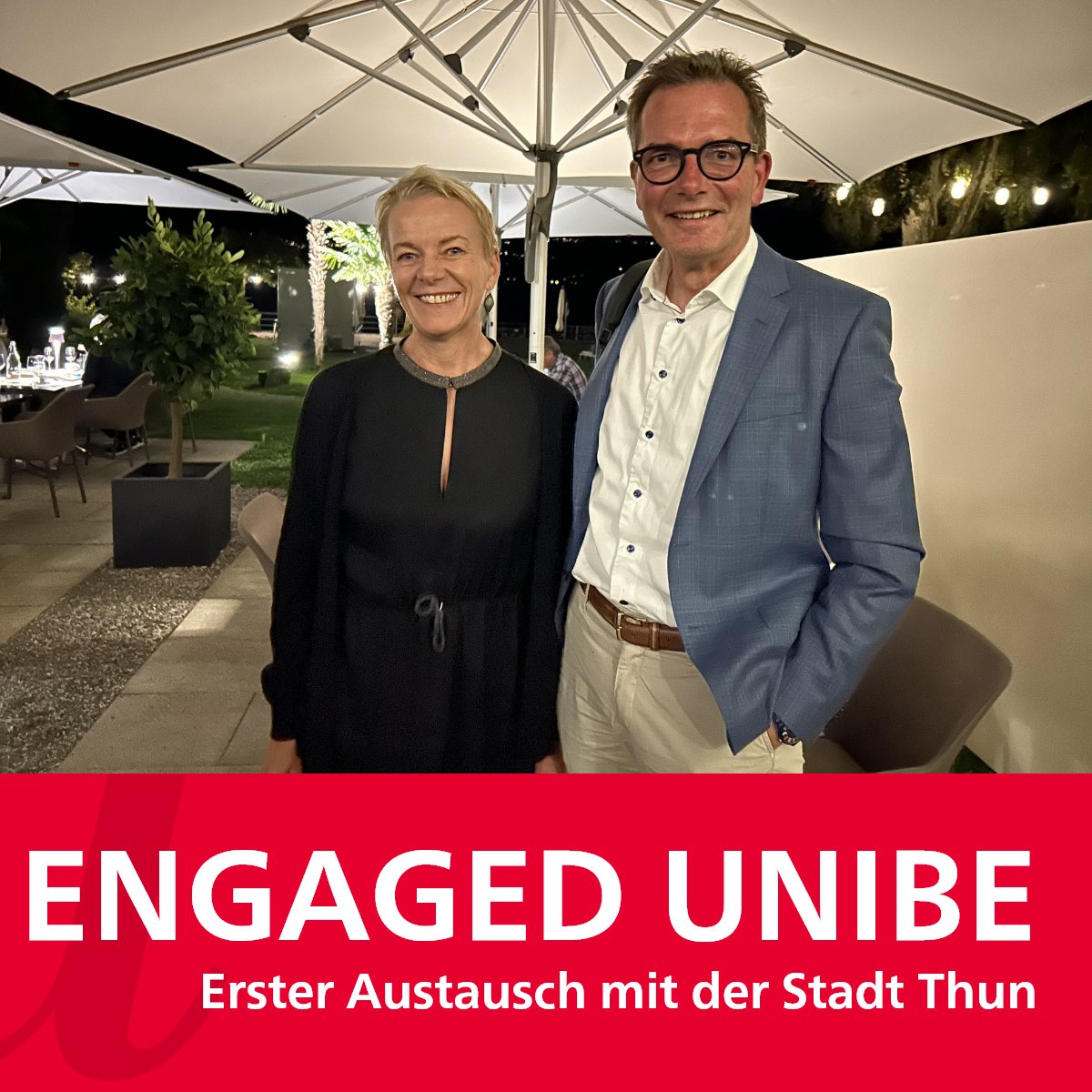 Virginia Richter, Rektorin der Universität Bern (<a href="/unibern/">Universität Bern</a>), und <a href="/RaphaelLanz/">Raphael Lanz</a>, Stadtpräsident der Stadt Thun, tauschten sich an der Klausur der Universitätsleitung am wunderbaren #Thunersee über das Projekt Engaged UniBE aus. #EngagedUniBE #NachhaltigeEntwicklung #Klimaneutralität