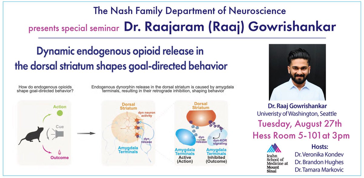 Yun Young (Susan) Yim (@yys_yim) on Twitter photo 📅 Save the date for our upcoming seminar on August 27th! 🧠
Join us as <a href="/outRaajeous/">Raaj Gowrishankar</a> from the <a href="/mbruchas/">mbruchas</a> lab at <a href="/UW/">University of Washington</a> dives into how endogenous opioid release in the dorsal striatum influences goal-directed behavior, hosted by <a href="/Tamaramaneuro/">Tamara Markovic, Ph.D.</a>, <a href="/BrandonHughes90/">Brandon Hughes, PhD</a>, and <a href="/veronikakondev/">Veronika Kondev, PhD</a>. 📅 Save the date for our upcoming seminar on August 27th! 🧠
Join us as <a href="/outRaajeous/">Raaj Gowrishankar</a> from the <a href="/mbruchas/">mbruchas</a> lab at <a href="/UW/">University of Washington</a> dives into how endogenous opioid release in the dorsal striatum influences goal-directed behavior, hosted by <a href="/Tamaramaneuro/">Tamara Markovic, Ph.D.</a>, <a href="/BrandonHughes90/">Brandon Hughes, PhD</a>, and <a href="/veronikakondev/">Veronika Kondev, PhD</a>.
