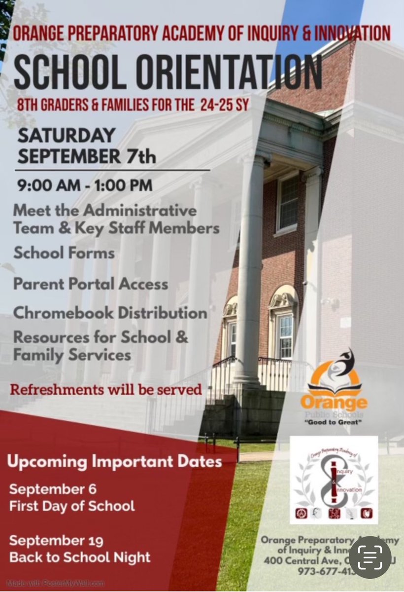 OrangePrep's tweet photo. Families, please save the following dates! On Saturday, September 7th, we will have our School Orientation including Chromebook distribution for all students from 9 am to 1 pm. 
Then on September 19th, at 6 pm, we will hold our Back to School Night! See you there! @OPAPrincipal https://t.co/bwFReLZIes