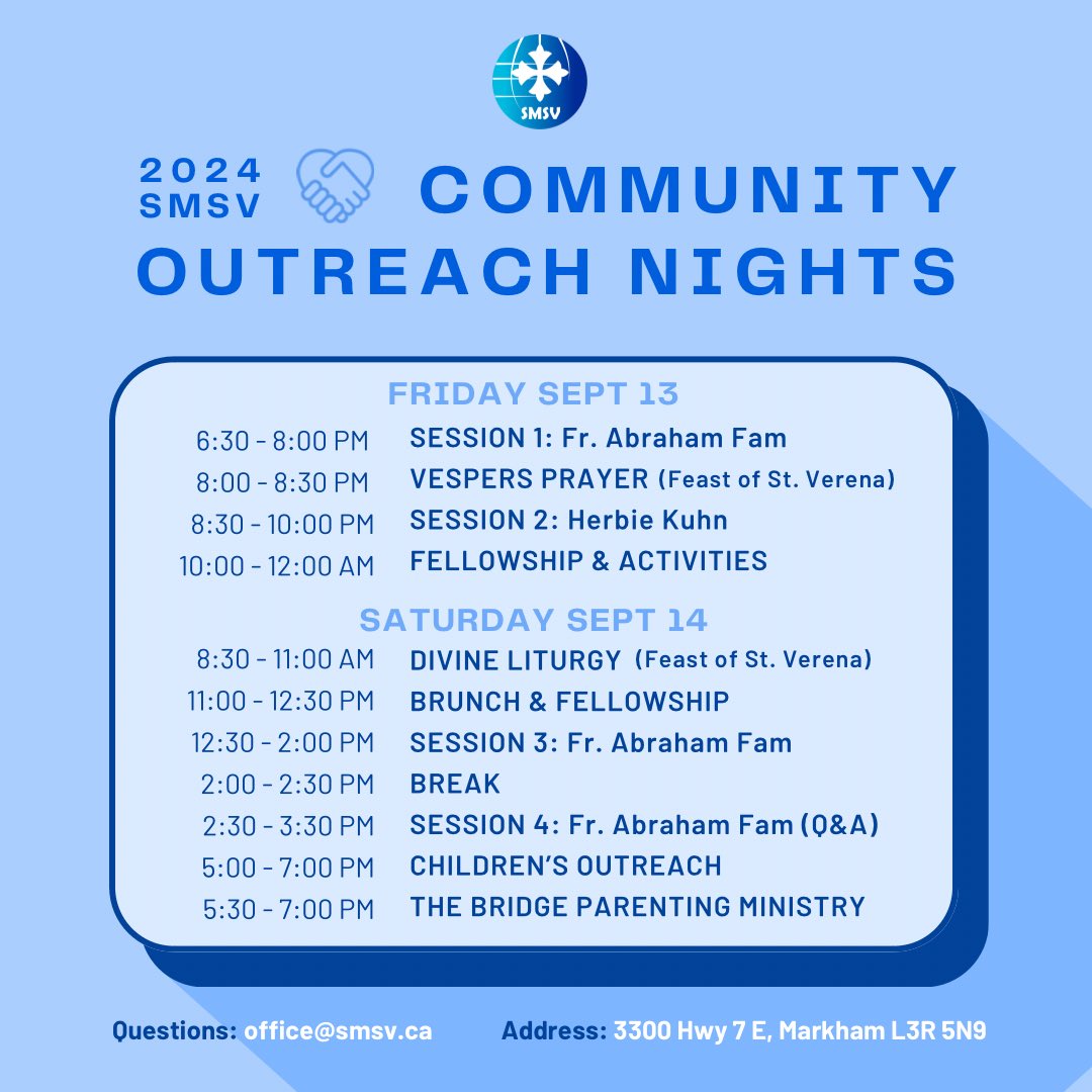 We so excited to announce our 17th annual Community Outreach Nights happening on September 13th and 14th! We will be blessed with two amazing guest speakers – Fr. Abraham Fam and Herbie Kuhn. 

Swipe to view the schedule in detail! Come and invite a friend!