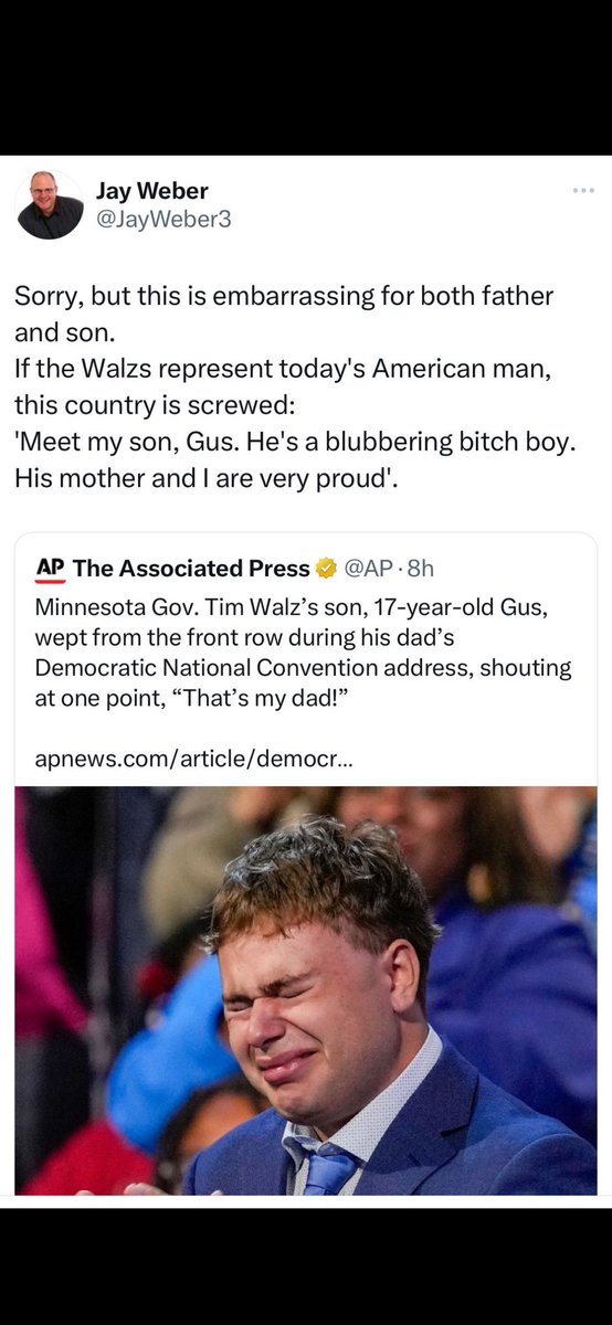 kid_riles's tweet image. Jay Weber has since deleted this post, but sinking to the level of calling the disabled  minor son of Tim Walz a “blubbering bitch boy” is definitely one of the most heinous things I have ever encountered on this site. 

Do better
 @JayWeber3 
@newstalk1130
