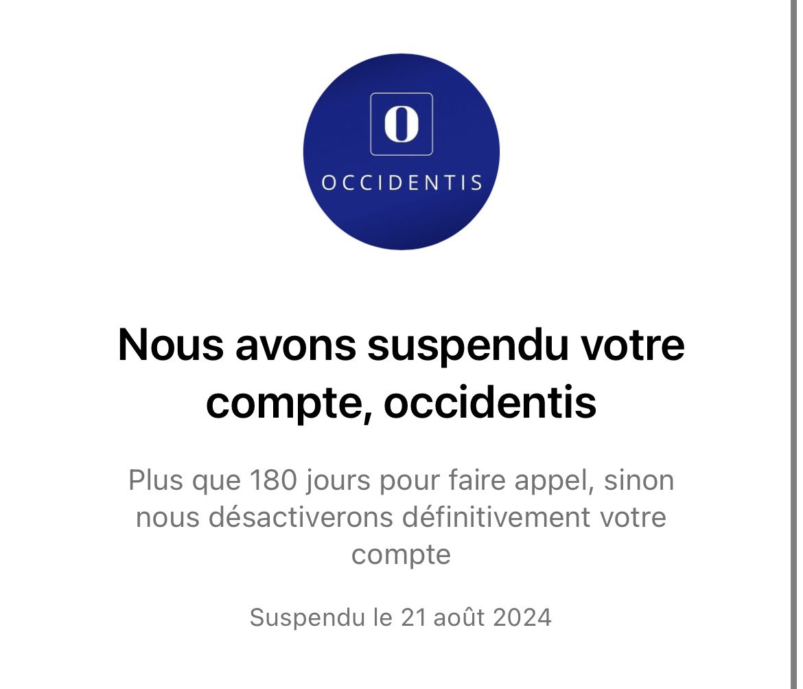 Occidentis (160 000 abonnés), que j’ai fondé il y a 5 ans, a été banni d'Instagram sans explication. Cela fait une semaine que rien n’avait été posté sur le compte car je suis en vacances. C'est absurde. Soutien à <a href="/CordierAlice2/">Alice Cordier</a> et <a href="/BonneDroite/">Une Bonne Droite 👊🏻</a> qui ont également été suspendus.