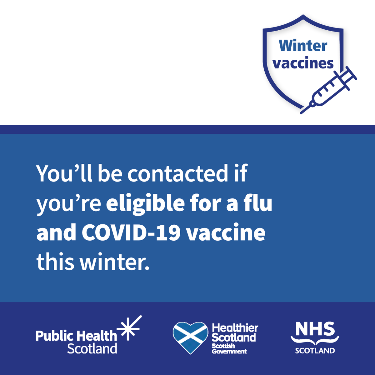 Vaccination will be offered to those at high risk of serious illness from flu and COVID-19. If you’re eligible, you’ll be contacted with information about your appointment.

For more information about visit: nhsinform.scot/wintervaccines

#WinterVaccinesScot
