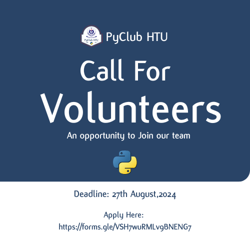 PyClubHTU_GH's tweet photo. ๐จ Volunteer Opportunity! ๐จ
Join the PyClub at HTU! We're looking for a:
๐จ Creative Designer
๐ Instructor Lead
๐ฅ Video Editor
Help us shape the future of tech at HTU!
๐๏ธ Deadline: Aug 27, 2024
๐ Apply: https://t.co/0ftCMJIvr2
#HTUPyClub #Python #pythonghana #pyclub https://t.co/hm8pSg9uQB