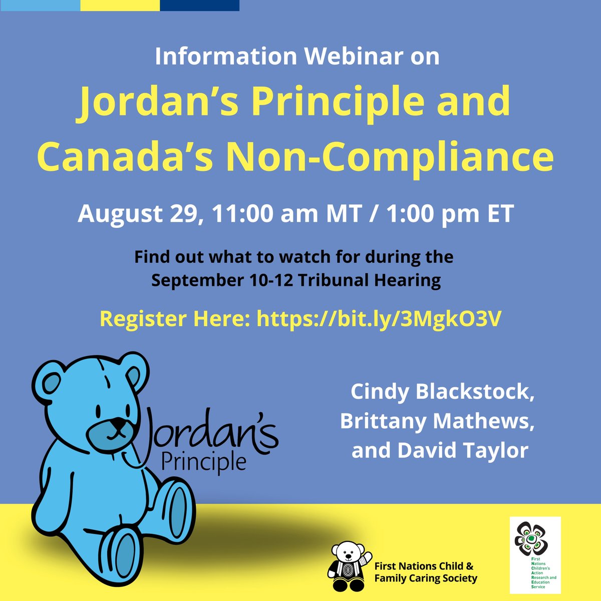 In this webinar, <a href="/cblackst/">Cindy Blackstock</a>, Brittany Mathews &amp; <a href="/daveptaylor/">David Taylor</a> will provide background on Jordan's Principle &amp; the current non-compliance motion &amp; discuss what to watch for during the Sept. 10-12 Tribunal Hearing. Register Here:  bit.ly/3MgkO3V
 <a href="/conwayllpsrl/">Conway Baxter Wilson LLP/s.r.l.</a> <a href="/UAlbertaEd/">University of Alberta Faculty of Education</a>