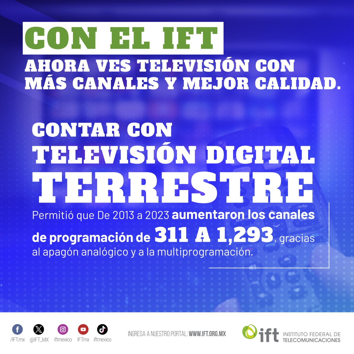 ¡Entretenimiento sin límites!
Desde el apagón analógico ahora puedes ver #MásCanales en la #TV📺✅ y tu canal favorito tiene #MayorCalidad 🔊👌
Esos cambios positivos, ¡son gracias al trabajo del <a href="/IFT_MX/">IFT</a> para migrar a la Televisión Digital Terrestre #TDT! 📺👏
#IFTSirveAMéxico🇲🇽