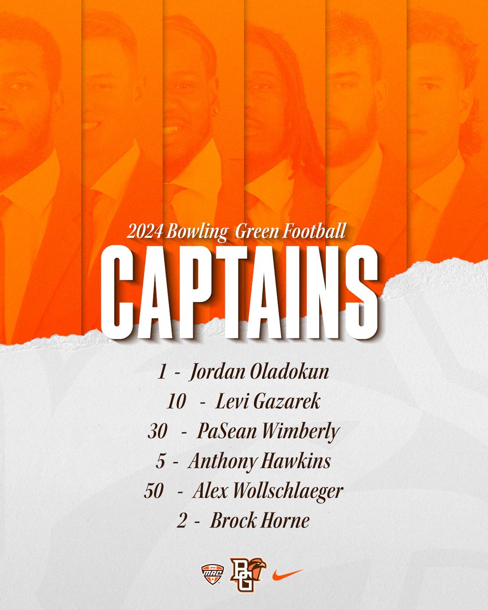 BGSU Football (@bg_football) on Twitter photo Your 2️⃣0️⃣2️⃣4️⃣ Captains!!!
<a href="/JordanOladokun/">Jordan Oladokun</a>
<a href="/levigaz1/">Levi Gazarek</a>
<a href="/Paystaytrill/">Pa'Sean Wimberly</a>
<a href="/A_Hawkins54/">AH3™️</a>
<a href="/alexwoll50/">Alex Wollschlaeger</a>
<a href="/brockhorne02/">Brock Horne</a>
#ToTheMoon 🟠🟤 Your 2️⃣0️⃣2️⃣4️⃣ Captains!!!
<a href="/JordanOladokun/">Jordan Oladokun</a>
<a href="/levigaz1/">Levi Gazarek</a>
<a href="/Paystaytrill/">Pa'Sean Wimberly</a>
<a href="/A_Hawkins54/">AH3™️</a>
<a href="/alexwoll50/">Alex Wollschlaeger</a>
<a href="/brockhorne02/">Brock Horne</a>
#ToTheMoon 🟠🟤