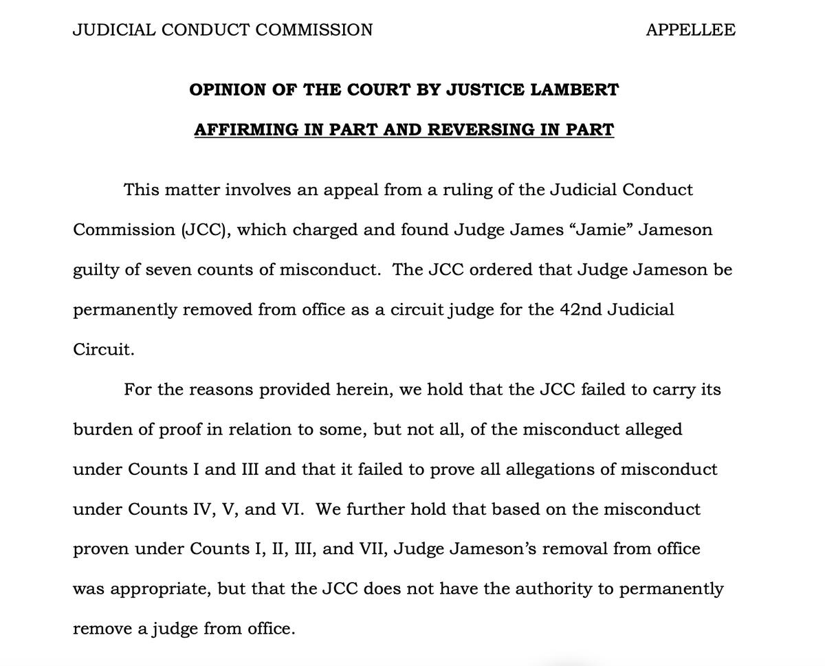 davethompson77's tweet photo. The Kentucky Supreme Court has partially affirmed and partially reversed the JCC's removal of former Circuit Judge Jamie Jameson. 🧵

(Hi, Kentucky. Did ya miss me?) https://t.co/QgmJIc4Aqj