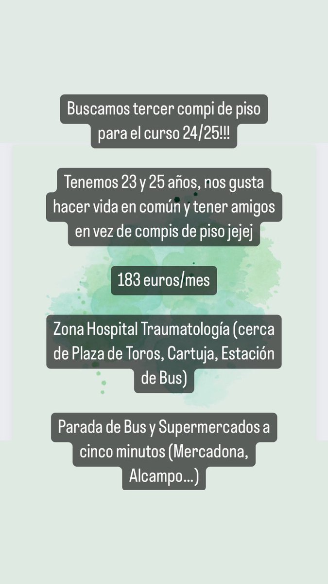 Juandee99's tweet photo. Hola! @daavdaraujo y yo estamos buscando tercer compi de piso para la temporada 24/25.
Somos dos chicos que estamos trabajando y buscamos compis que les guste hacer vida en común jeje
Preferimos alguien de nuestra misma edad, que estudie máster o trabaje. #pisos #granada #UGR https://t.co/ykIBACERVj