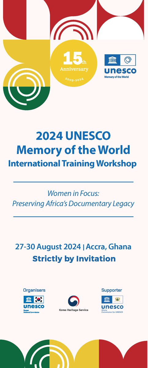 📜 Coming Soon: 2024 <a href="/UNESCO/">UNESCO 🏛️ #Education #Sciences #Culture 🇺🇳</a> Memory of the World International Training Workshop 🇬🇭🇰🇷

From 27-30 August 2024, the <a href="/unescoghnatcom/">Ghana Commission for UNESCO</a> 
, in partnership with the <a href="/unescokr_eng/">Korean National Commission for UNESCO</a> and the Heritage Service of Korea, will host the <a href="/UNESCO/">UNESCO 🏛️ #Education #Sciences #Culture 🇺🇳</a> Memory of the World (MoW) International Training