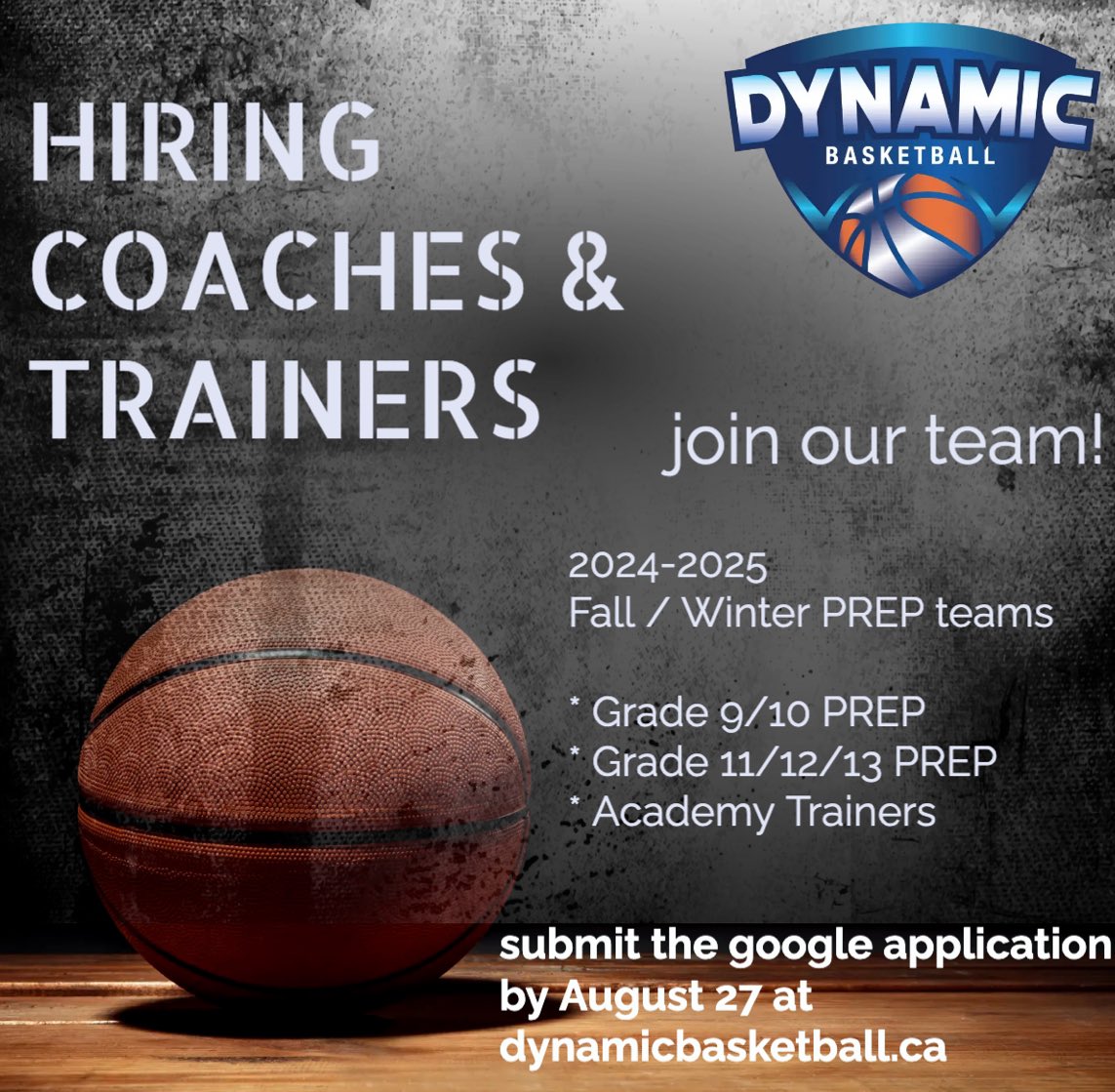 Gus Gymnopoulos (@gusgymnopoulos) on Twitter photo <a href="/dynamic_bball/">Dynamic Basketball Development Academy</a> is HIRING coaches and trainers for the 2024-2025 FALL/WINTER PREP season.
APPLY at dynamicbasketball.ca by completing the Google form by August 27, 2024 or below:
docs.google.com/forms/d/e/1FAI… <a href="/dynamic_bball/">Dynamic Basketball Development Academy</a> is HIRING coaches and trainers for the 2024-2025 FALL/WINTER PREP season.
APPLY at dynamicbasketball.ca by completing the Google form by August 27, 2024 or below:
docs.google.com/forms/d/e/1FAI…